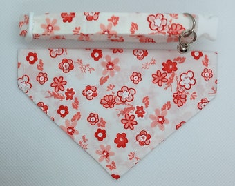 Cat Bandana Collar Set- ''Tiny Floral''- Red, Pink Floral Cat Collar+ Matching Sliding Bandana/ Spring, Summer/ Kitten, Cat+ Small Dog Sizes