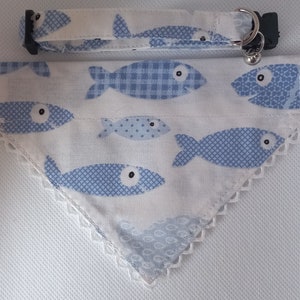 Bandana Cat Collar Set -&#39;&#39;Fish&#39;&#39;- Ocean Fish Cat collar W/ Matching Sliding Bandana/ Blue Fish Pet Scarp/ Kitten, Cat, Small Dog Sizes