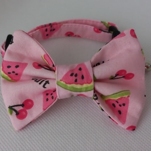 Cat Bow Tie Collar Set- &#39;&#39;Watermelon, Cherry&#39;&#39;- Pink, Fruit Cat Collar w/ Matching Removable Bow Tie/ Summer/ Kitten, Cat, Small Dog Sizes