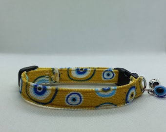 Evil Eye Cat Collar+ Charm and Bell/ Yellow Cat Collar/ Breakaway Cat Collar/ Turkish Evil Eye Bead/ Cute Pet Collar/ Cat, Small Dog Sizes