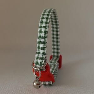 Green, Checkered Cat Collar/ Retro Cat Collar/ Gingham Pet Collar/ Breakaway Cat Collar/ Spring, Summer/ Bell on Collar/ Cat, Small Dog Size