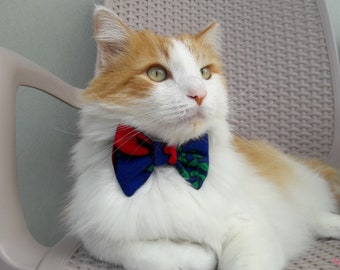 Bow Tie Cat Neck Set- ''Leaf, Flower''- Royal Blue, Flannel Cat Collar w/ Matching Removable Bow Tie/ Winter/ Kitten, Cat and Small Dog Size