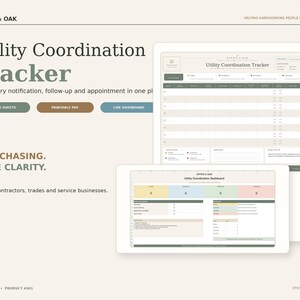 Puede incluir: Una plantilla digital de seguimiento de coordinación de servicios públicos para contratistas y empresas de servicios. La pantalla muestra una interfaz de hoja de cálculo con columnas para notificaciones y citas, además de un panel de control.