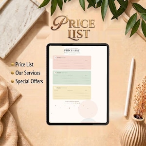 Può includere: Un tablet digitale che mostra un modello di listino prezzi con tre sezioni colorate etichettate come Services, Products e Popular. Lo schermo presenta il testo Price List in alto. Il tablet è posizionato su una superficie con uno stilo e oggetti decorativi.