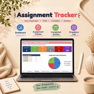 Könnte beinhalten: Ein digitaler Aufgaben-Tracker auf einem Laptop-Bildschirm, der ein Dashboard mit einer Status-Übersichtstabelle und einem Kreisdiagramm zeigt. Die Benutzeroberfläche enthält Bereiche für Dashboard, Assignment Tracker, Archiv und Dropdown-Listen.