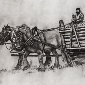 May include: A charcoal drawing depicting two draft horses pulling a wooden wagon with slatted sides. Two figures are seated on the wagon, which features a single visible rubber tire. The scene is rendered in shades of gray and black on paper.