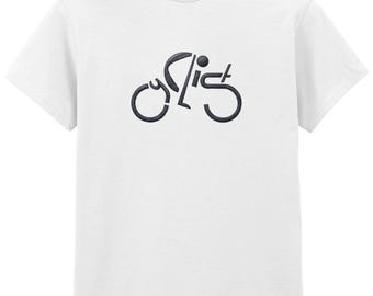 以下が含まれることがあります： 自転車の形をしたスタイリッシュなフォントで「cyclist」という文字が胸元に濃紺で刺繍された白い半袖Tシャツ。画像には「Cyclist T-shirt Variety of colours」および「Hit It Holy」というテキストが含まれています。