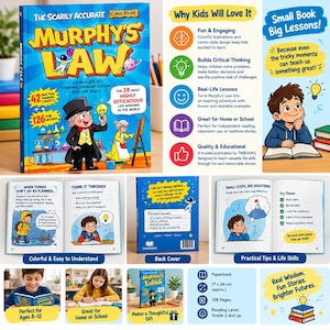 Pode incluir: Um livro de capa mole intitulado The Scarily Accurate Murphy's Law, com uma capa azul que mostra um cientista e uma mulher idosa em estilo cartoon. O livro tem 128 páginas, mede 17 cm por 24 cm e contém ilustrações coloridas, conceitos de pensamento prático e competências de vida para crianças dos 8 aos 12 anos.