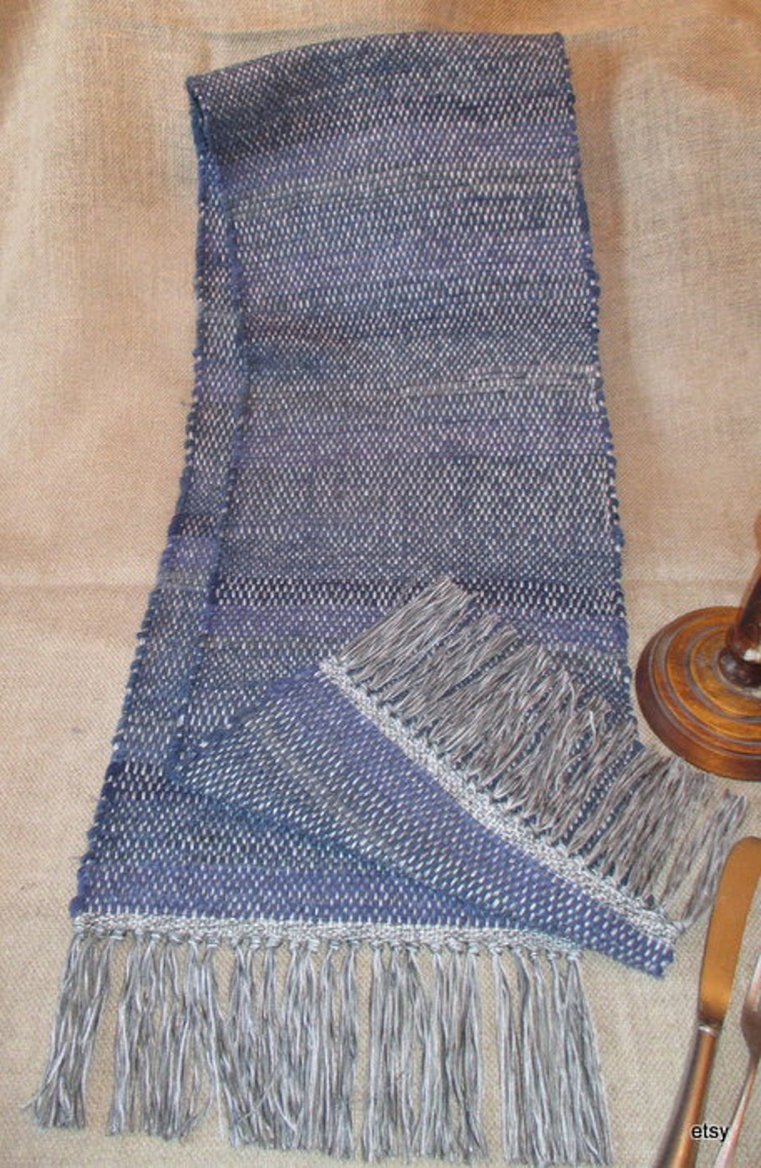 Blue and Grey, Navy Blue, Table Runner, Rag Table Runner, Handwoven, 65 ...
