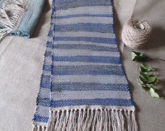 Table Runner, Rag Table  Runner,  Table  Rug,   Handwoven,   66" by 12"  wide,   Blue and  Grey....   reused  fabric
