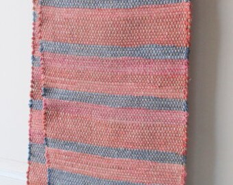 Table Runner, rag table  runner,  Handwoven,   64" by 12"  wide,  Rose and  Blue,    reused  fabrics