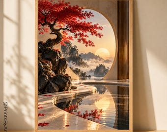 May include: A framed wall art print featuring a circular opening looking out onto a landscape with a red-leafed tree on a rocky cliff, a calm body of water, misty mountains, and a large sun. The text PrintsByAmeSia is visible on the left side.
