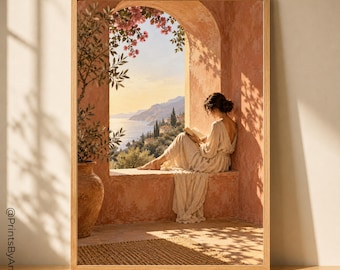 May include: A framed wall art print featuring a person in a long cream dress reading a book while sitting in a terracotta-colored stone archway. A large clay pot with a leafy plant stands nearby, overlooking a coastal landscape at sunset.