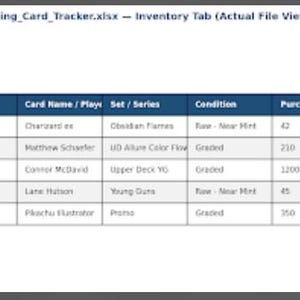 Op de afbeelding: Een digitaal spreadsheet getiteld Trading_Card_Tracker.xlsx met een voorraadtabblad met kolommen voor kaart-ID, status, categorie, kaartnaam, set, conditie, aankoopprijs, geschatte marktwaarde en ongerealiseerde winst voor vijf kaarten.