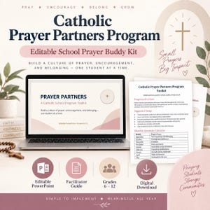 May include: A Catholic Prayer Partners Program digital toolkit featuring an editable PowerPoint, facilitator guide, and monthly calendar for grades 6-12. The display includes a laptop screen showing program details, printed documents, and a wooden rosary.