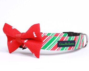 Red Green Stripe Collar / Trees Bow Tie SET - Christmas Dog Bow, Pet Photography, Christmas Dog Collar