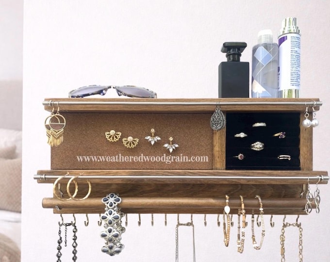 Solid Wood Jewelry Organizer | Ring Storage | Dangle Earring Holder | Necklace Holder | Wall Mount Bracelet Holder 16” Length