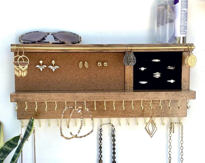 Jewelry Organizer with Ring Holder  | Wall Mount Necklace Holder | Extra Hooks