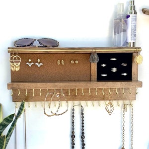 Jewelry Organizer with Ring Holder  | Wall Mount Necklace Holder | Extra Hooks