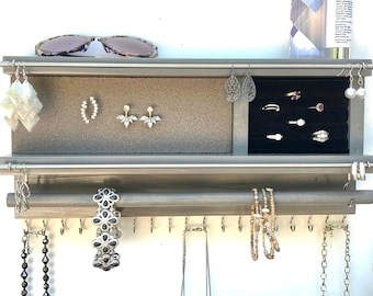 Wall Mount Jewelry Organizer with Velvet Ring Holder, Earring Holder and Necklace Holder