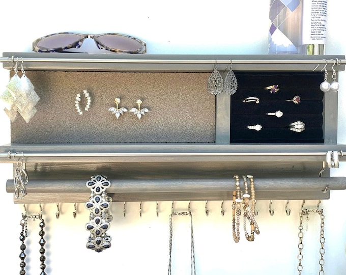 Wall Mount Jewelry Organizer with Velvet Ring Holder, Earring Holder and Necklace Holder