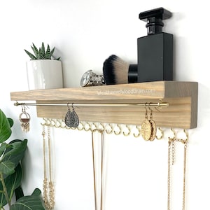 Wood Jewelry Organizer Shelf: Wall Mount Earring & Necklace Holder