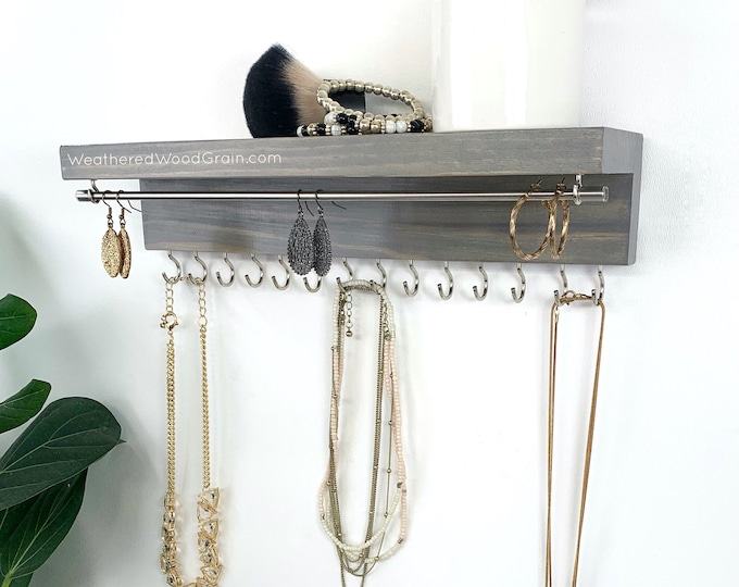 Wall Mount Jewelry Organizer with Shelf | Earring Holder | Necklace Holder | Black Jewelry Storage