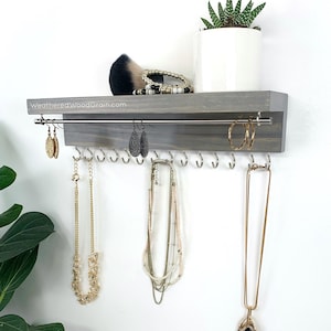 Wall Mount Jewelry Organizer with Shelf | Earring Holder | Necklace Holder | Black Jewelry Storage