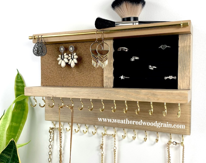 Complete All-In-One Jewelry Organizer 12” Ring Organizer | Stud Earring Holder | Dangle Earring Holder | Necklace Holder Extra row of Hooks