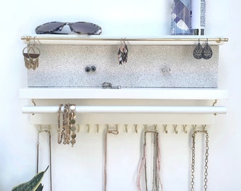 White Jewelry Organizer with Shelf, Necklace Holder, Cork Earring Holder, Jewelry Storage, Bracelet Holder