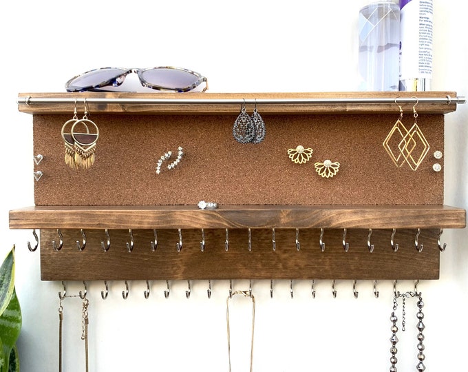 Wall Jewelry Organizer With Shelf | Dangle Earring Holder | Necklace Holder | Extra Hooks