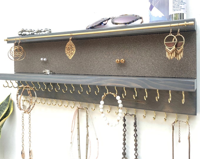 Necklace holder With Shelf | Gray Jewelry Organizer | Bracelet and Earring Holder | Extra Hooks