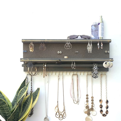 Wall Mount Jewelry Organizer With Shelf Earring Holder Etsy