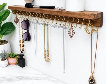 Wall Mount Necklace Shelf, Necklace Holder, Jewelry Shelf, Jewelry Organizer with Extra Hooks