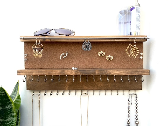 Wall Jewelry Organizer With Shelf | Dangle Earring Holder | Necklace Holder | Extra Hooks