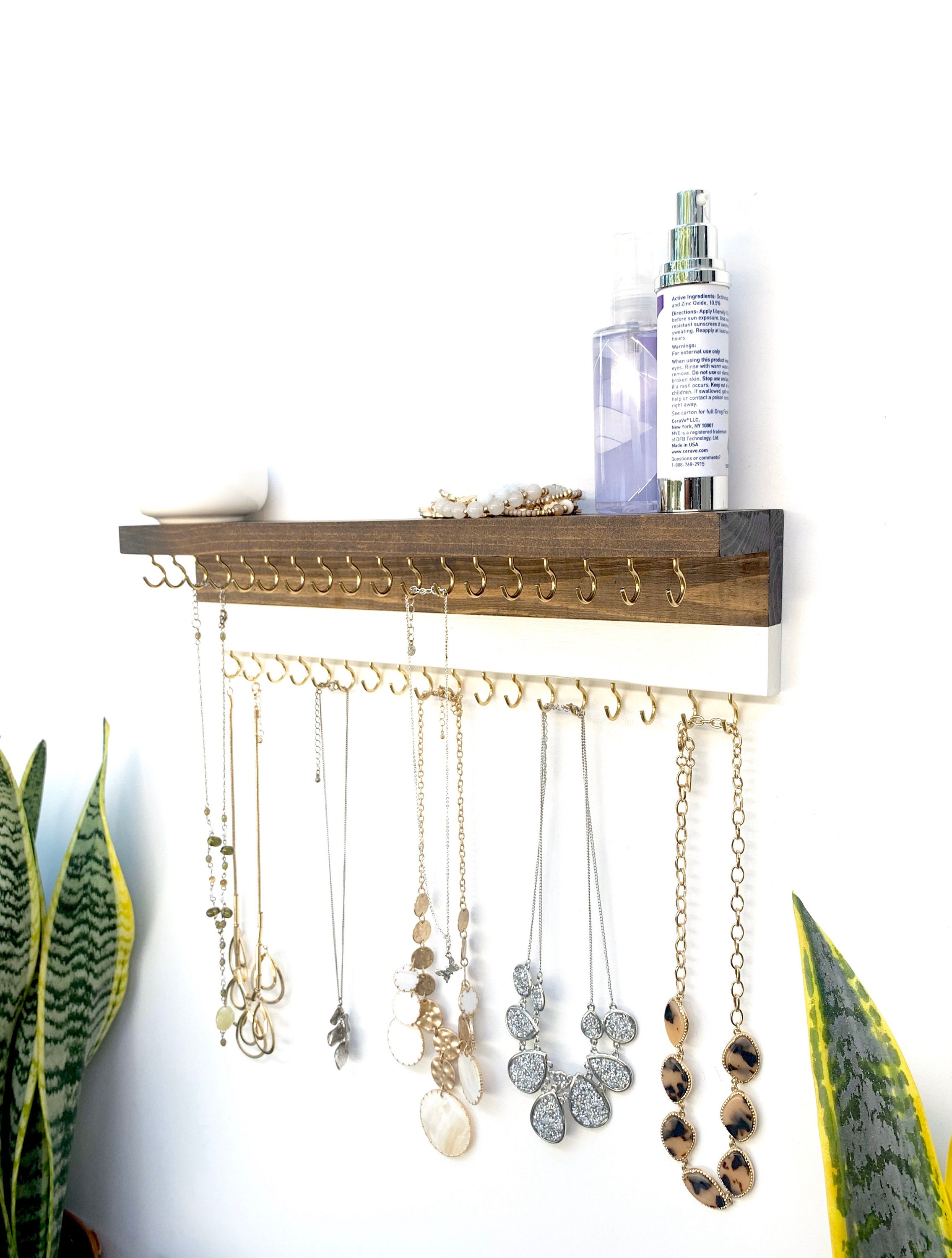 Wall Mount Jewelry Organizer with Shelf Necklace Hooks Necklace