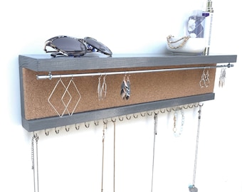 Organiseur de bijoux en liège avec étagère | Porte-boucles d'oreilles | Porte-bijoux | Porte-collier |