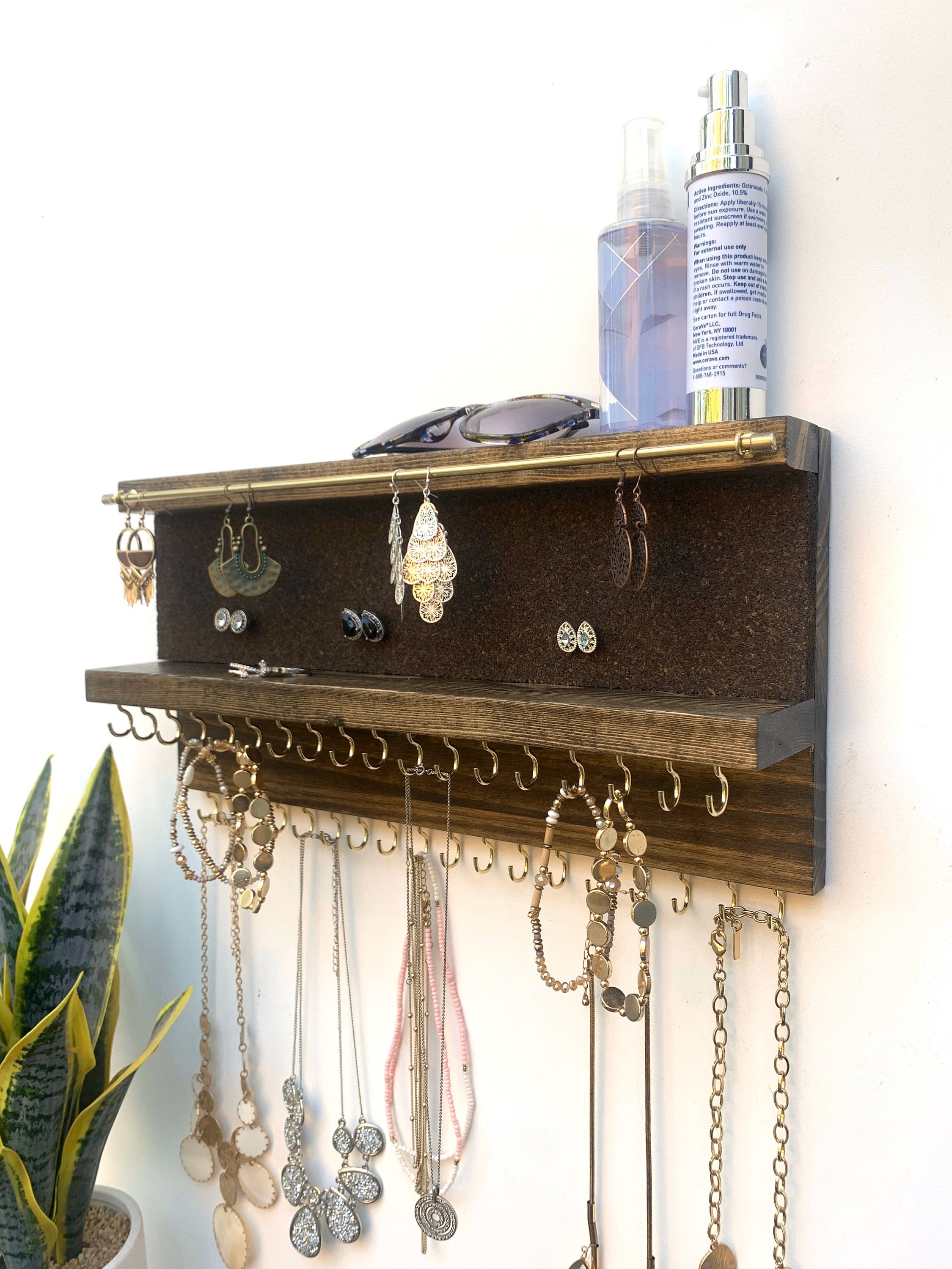 Wood Jewelry Organizer With Shelf Cork Stud Earring Holder