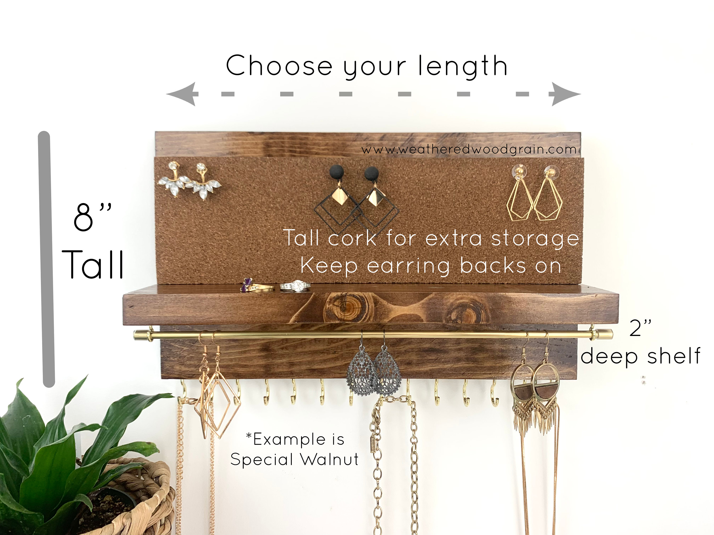 Jewelry Organizer Necklace Holder Wall Mounted Rustic Wood, Necklaces, Earrings  Organizer 