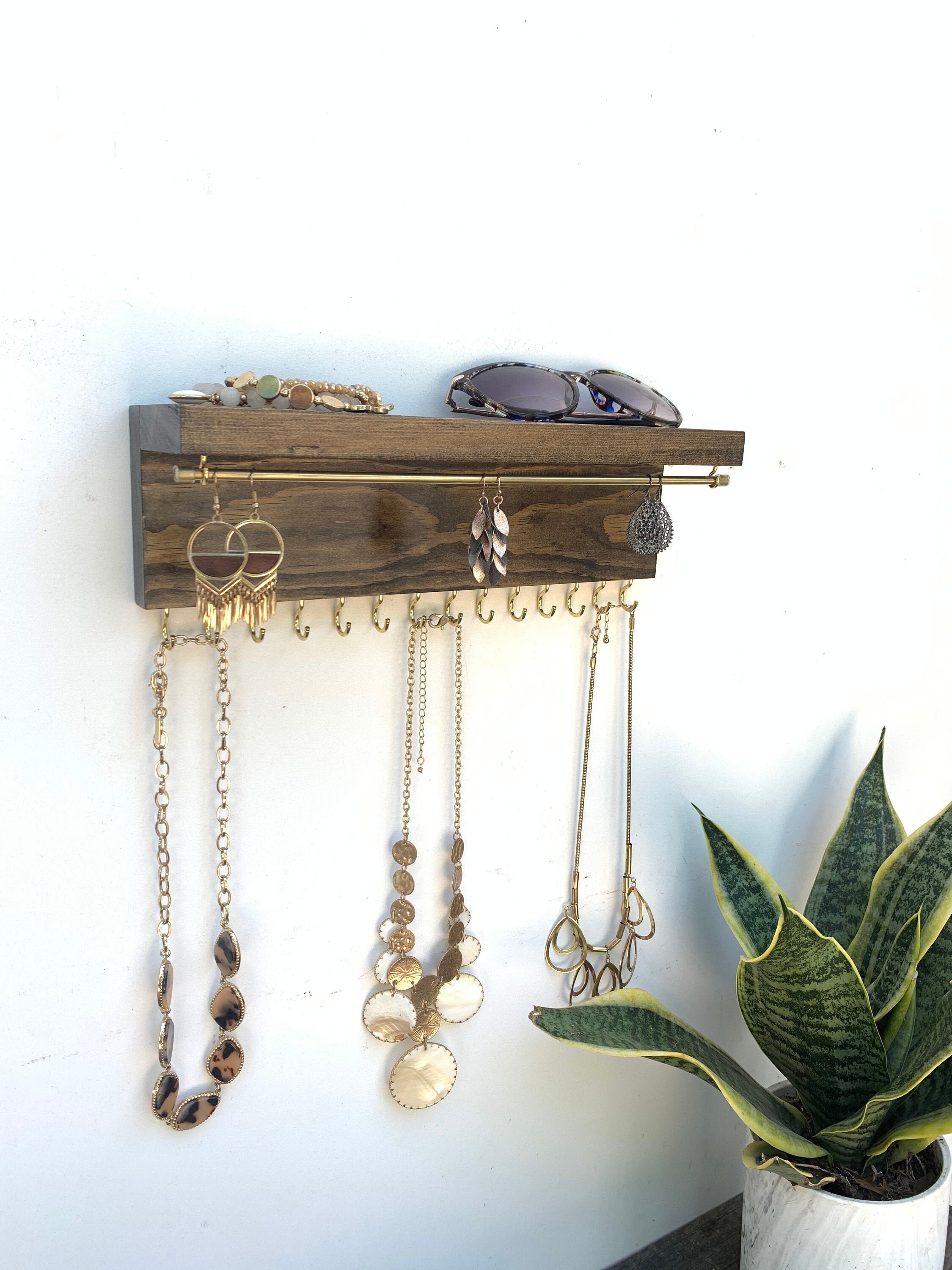Wood Jewelry Organizer with Shelf Earring Holder Necklace Holder