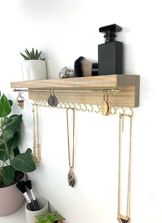 Wood Jewelry Organizer Shelf: Wall Mount Earring & Necklace Holder