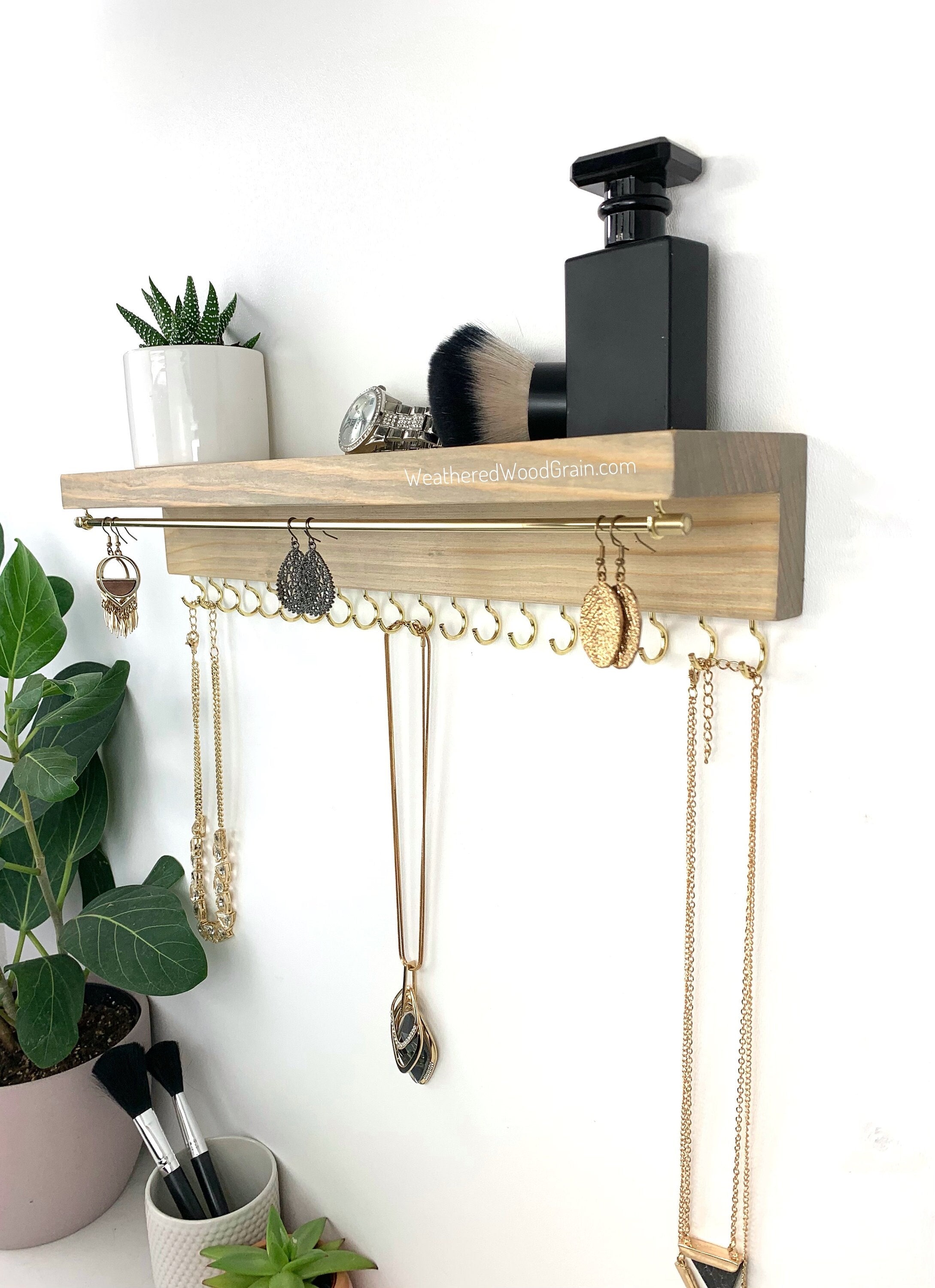 Wall Mount Jewelry Organizer with Shelf, Earring Holder, Necklace Holder