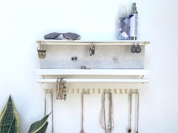 White Jewelry Organizer with Shelf, Necklace Holder, Cork Earring Holder, Jewelry Storage, Bracelet Holder