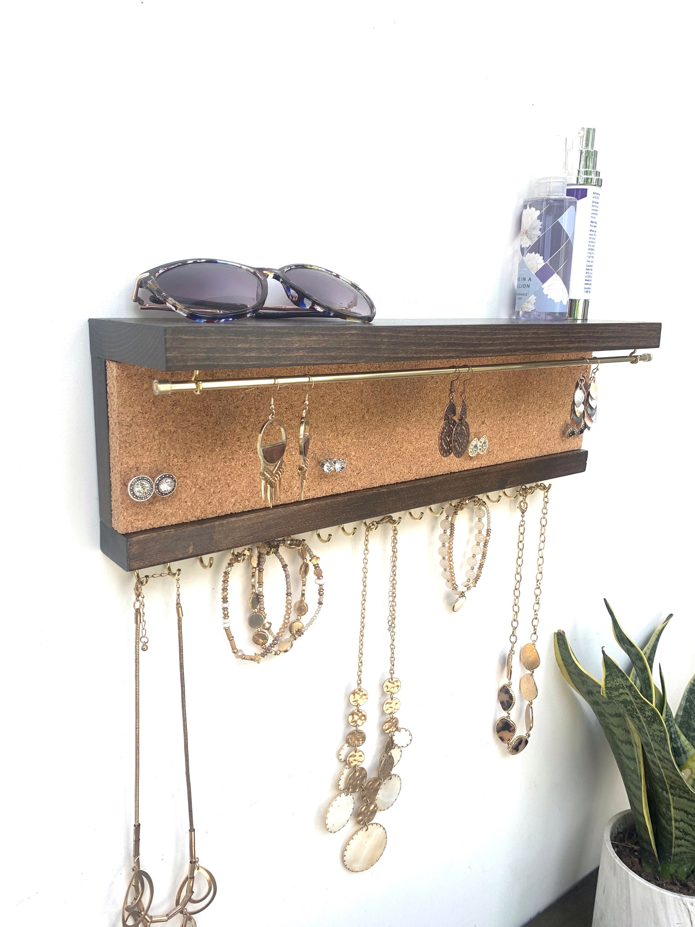 Wood Jewelry Organizer with Shelf, Earring Holder, Necklace Holder