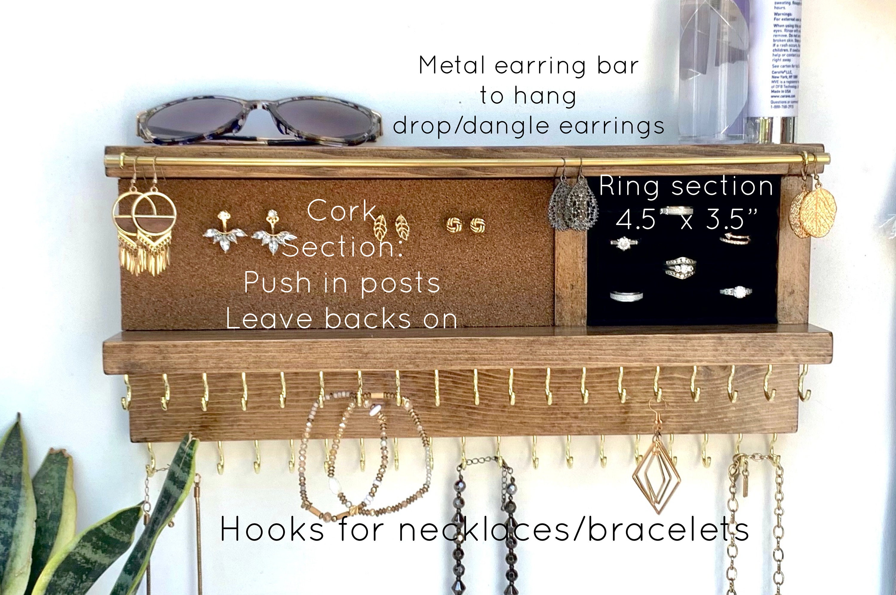 Jewelry Organizer Necklace Holder Wall Mounted Rustic Wood, Necklaces, Earrings  Organizer 