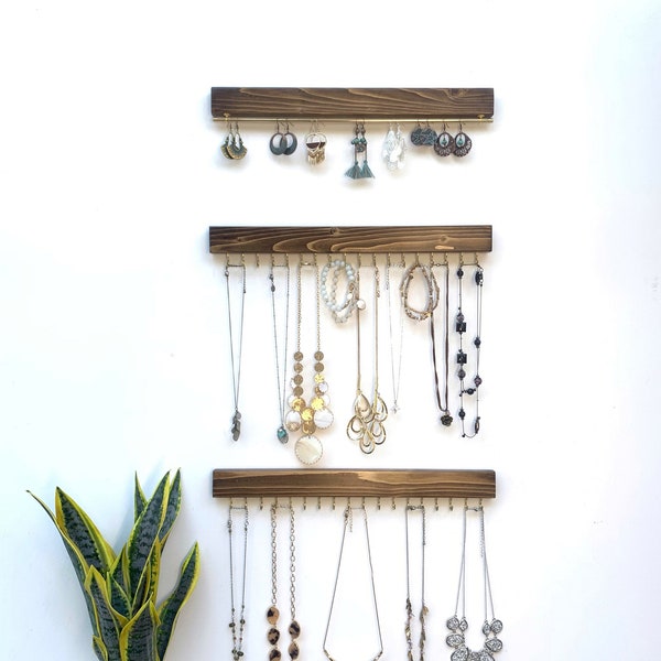 Jewelry Organizer Wall Mount Set of Three | Earring Holder | Necklace Holder | Necklace Hanger