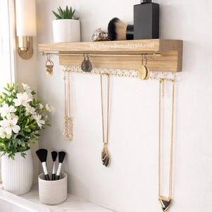Wood Jewelry Organizer Shelf: Wall Mount Earring & Necklace Holder image 2