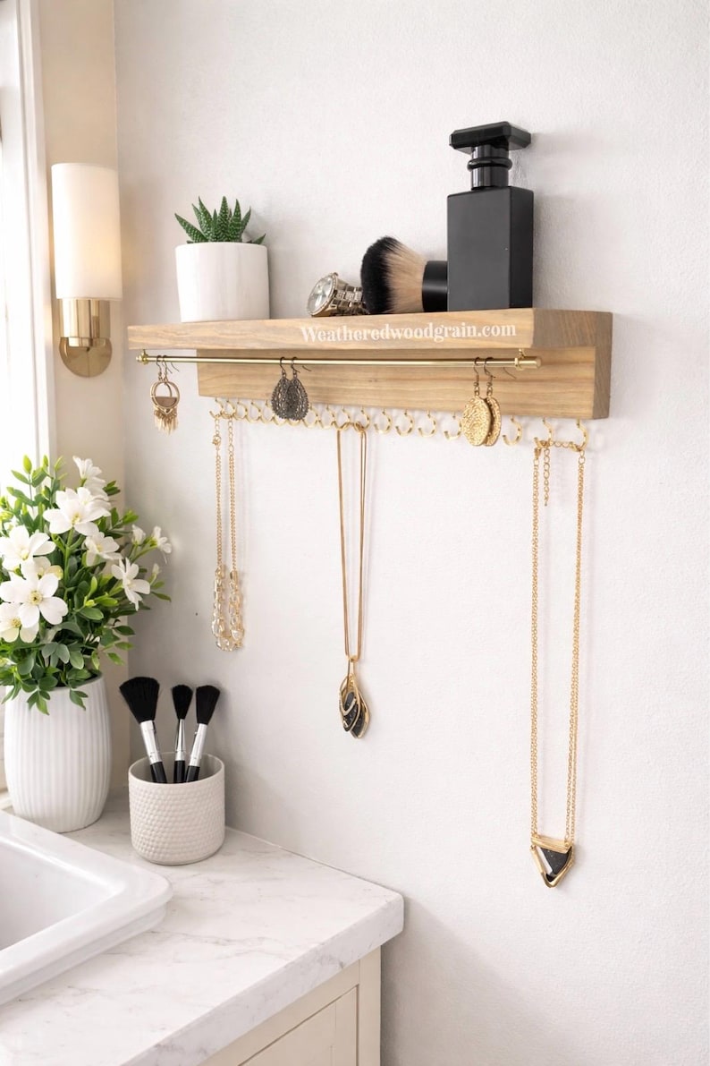 Wood Jewelry Organizer Shelf: Wall Mount Earring & Necklace Holder image 2