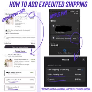 Pu&ograve; includere: Un grafico informativo digitale intitolato HOW TO ADD EXPEDITED SHIPPING. Mostra screenshot del processo di pagamento Etsy, evidenziando i metodi di pagamento con carta e Apple Pay, con frecce viola che indicano le opzioni di spedizione.