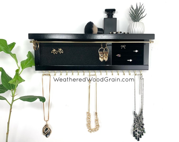 Deluxe Jewelry Organizer | Black Jewelry Storage | Velvet Ring Holder | Necklace Holder | 16 Inches